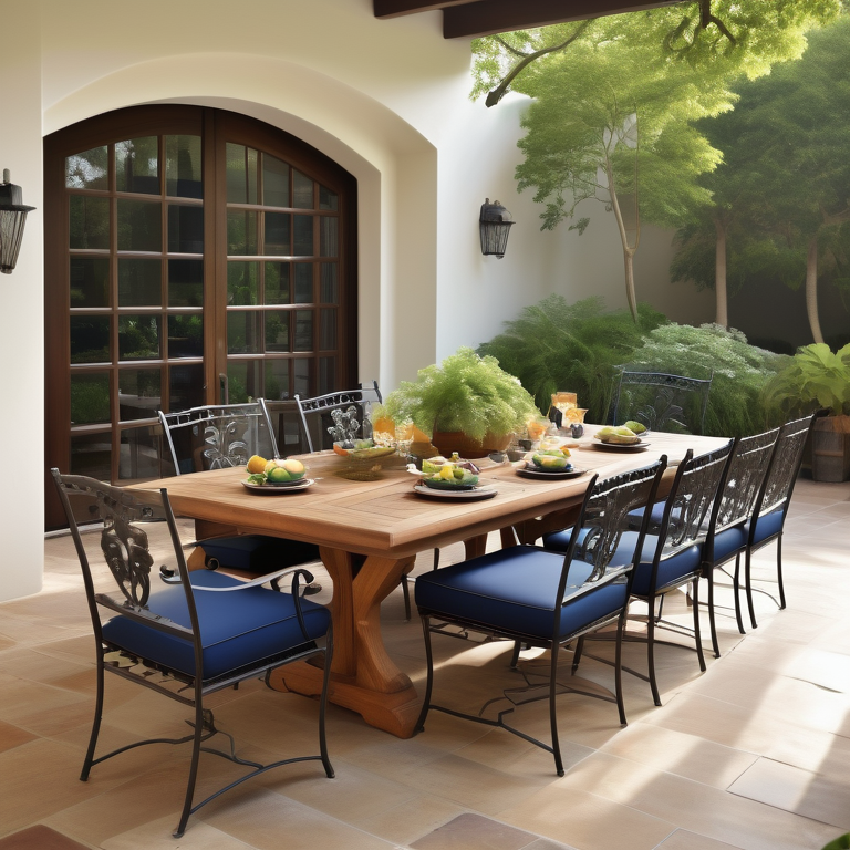 Robust teak dining table and wrought iron chairs with blue cushions on a sunny patio with greenery.