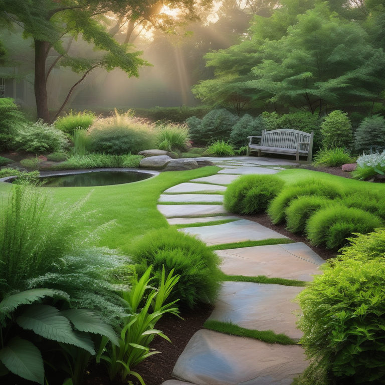 Lush landscaped backyard with a pond and stone path at dawn.