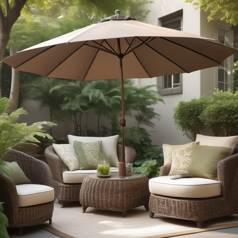 Stylish patio with rattan furniture and umbrella surrounded by plants, with sunlight filtering through.
