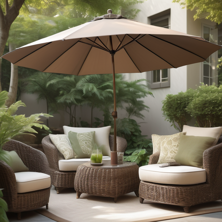 Creative Ways to Style Your Patio Furniture with Umbrella 2025 Lizard's Lunch Stylish patio with rattan furniture and umbrella surrounded by plants, with sunlight filtering through.