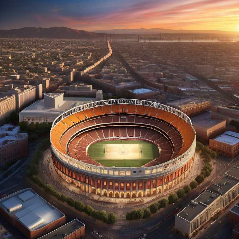 Collage of famous US arenas including Madison Square Garden and the LA Coliseum with a backdrop of the Golden Gate Bridge.