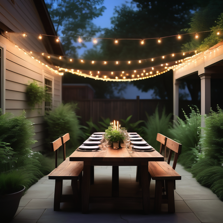 Twilight backyard setting with LED string lights, wooden table, dinner setup, and starry sky.