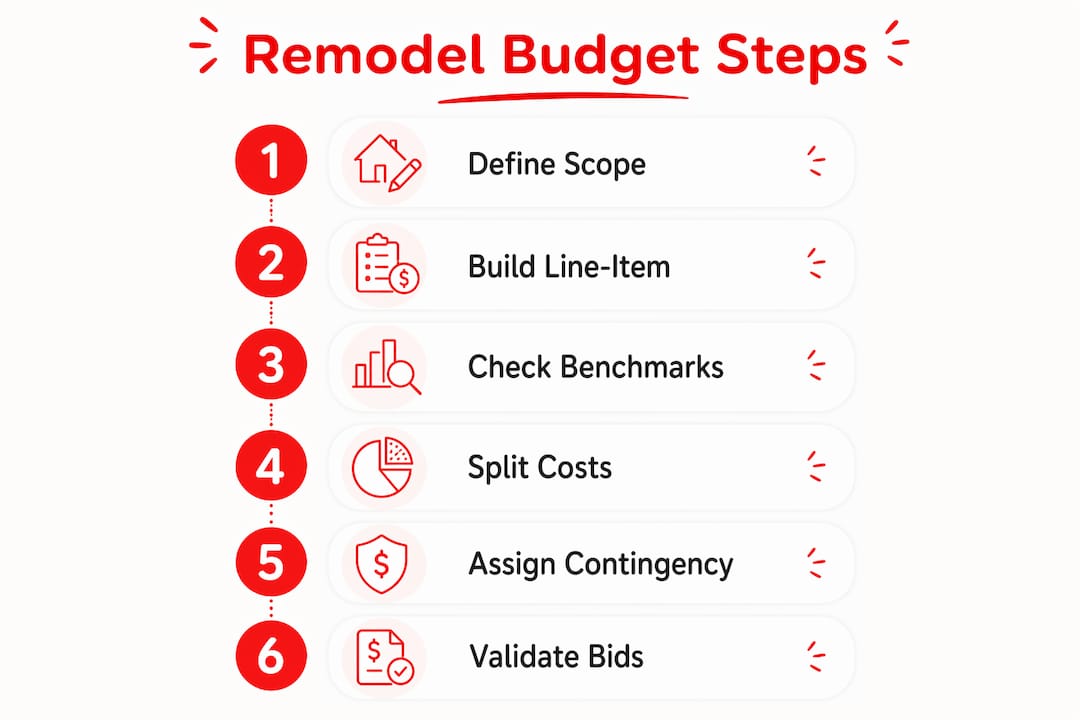 How to Budget for Remodeling: A Step-by-Step Guide 2026 Lizard's Lunch Infographic illustrating six steps to remodel budgeting