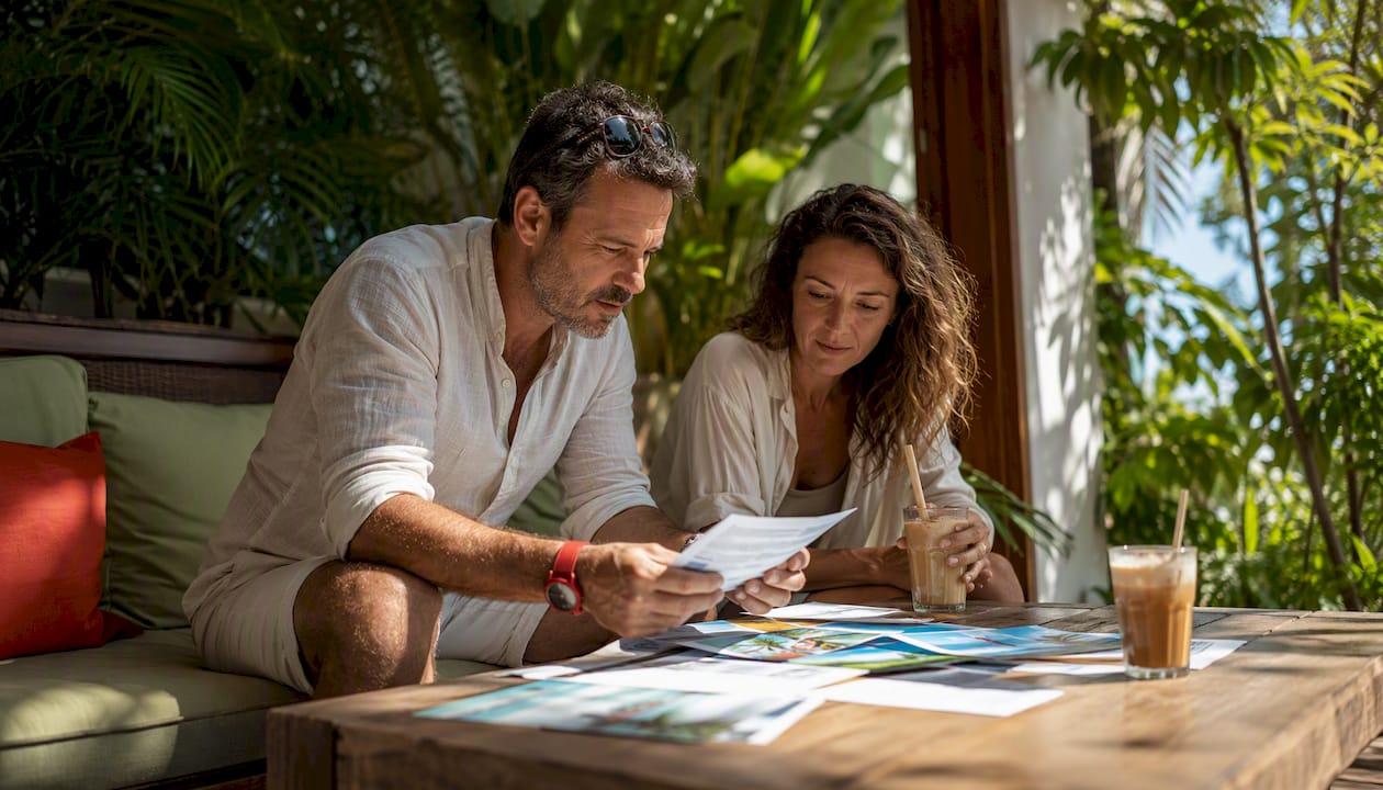 Why Choose Shoulder Season: Save Money and Skip the Crowds 2026 Lizard's Lunch Couple reviewing travel tickets in coffee shop