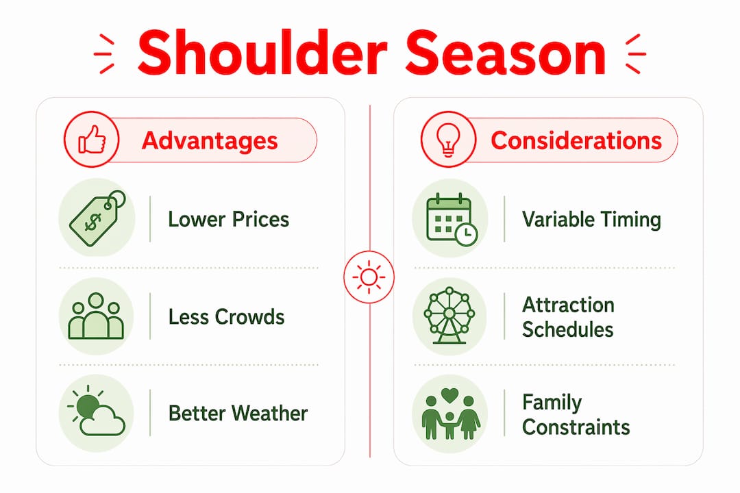 Why Choose Shoulder Season: Save Money and Skip the Crowds 2026 Lizard's Lunch Infographic comparing shoulder season pros and cons