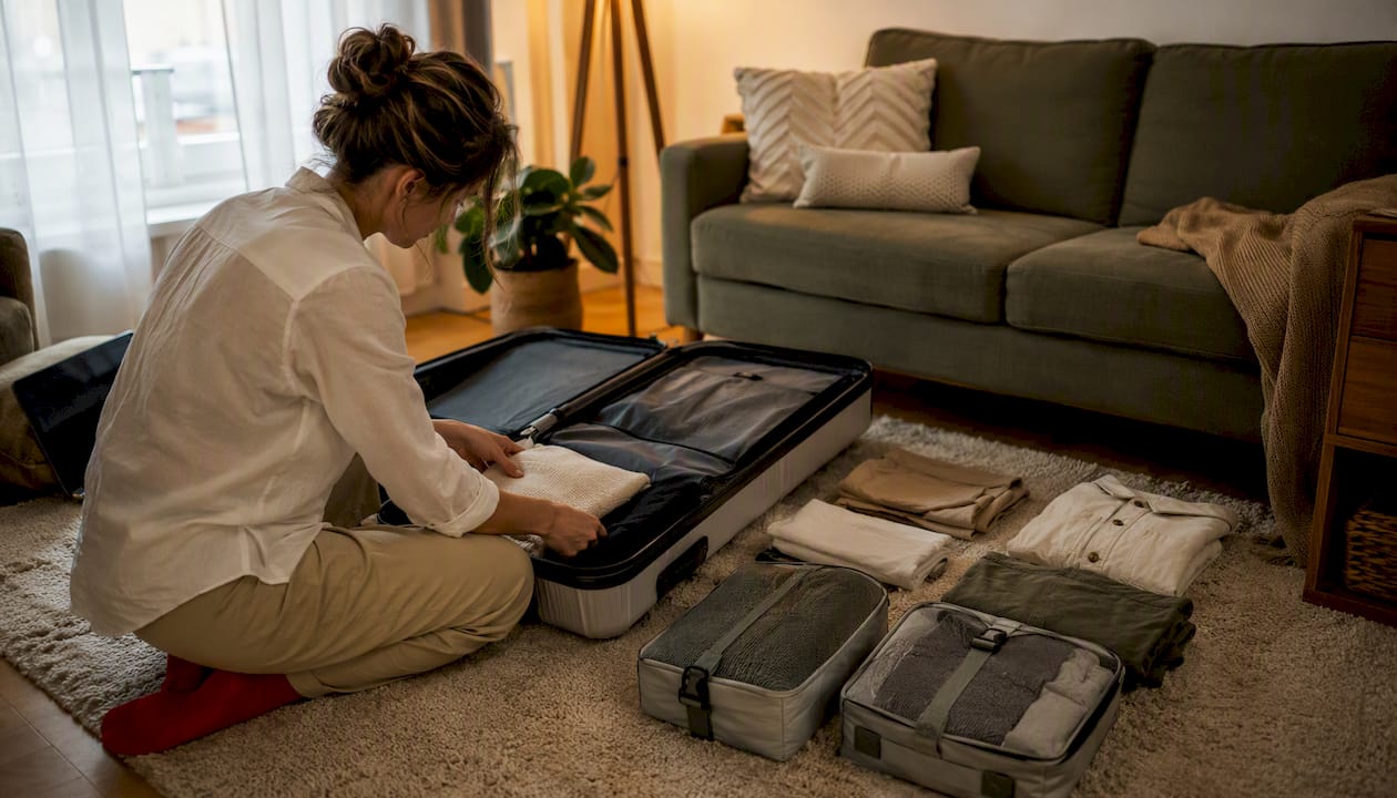 Overhead view of capsule wardrobe packed suitcase