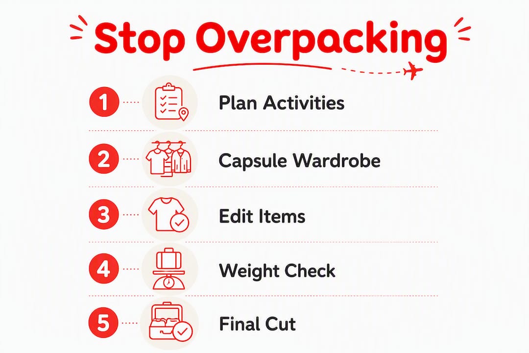 Infographic visualizing step-by-step system to stop overpacking