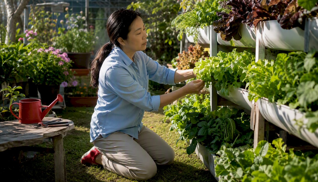 Woman working in vertical farm greenhouse