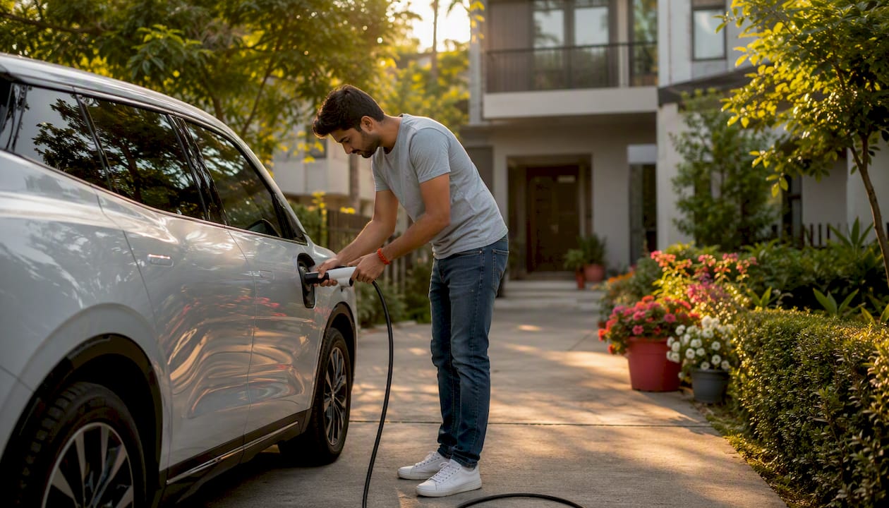 Man charging electric vehicle outdoors