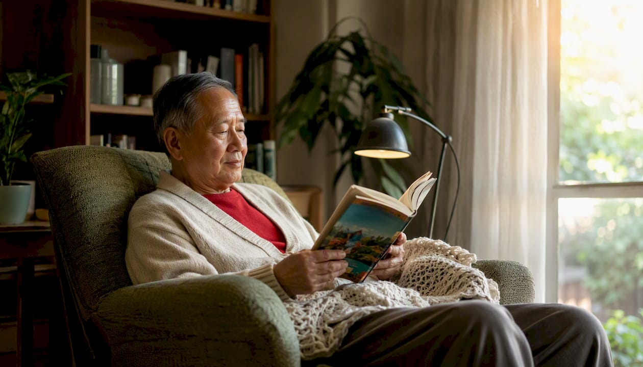Elderly man reading in cozy home nook