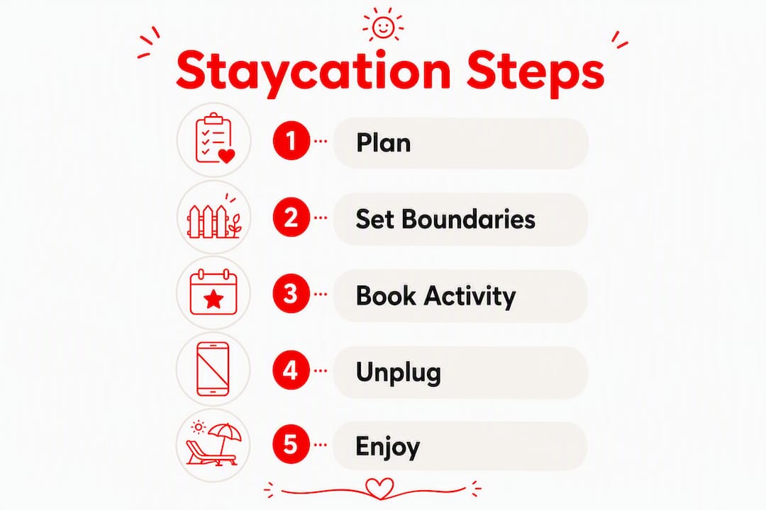 Infographic showing steps for an effective staycation