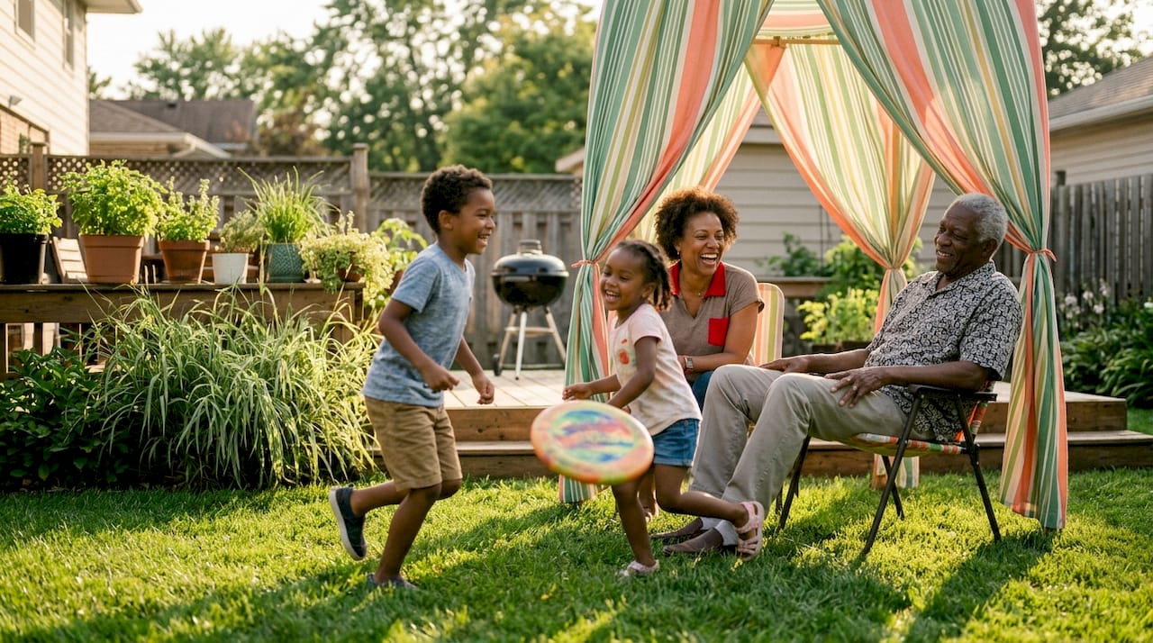 Family enjoying backyard staycation activities