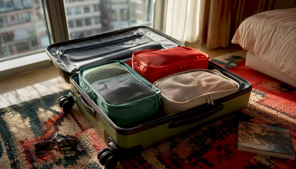 Why Use Packing Cubes: Faster Packing, Less Stress 2026 Lizard's Lunch Open suitcase with color-coded packing cubes hotel room