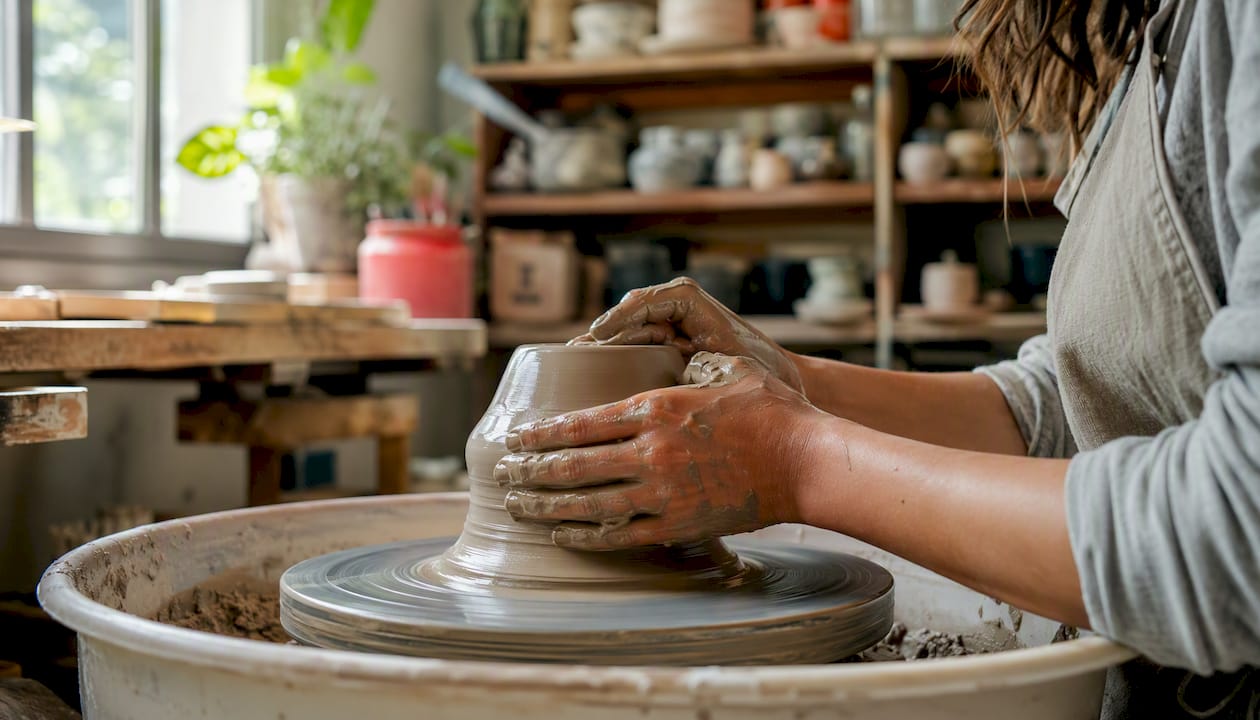 Hands shaping clay on pottery wheel
