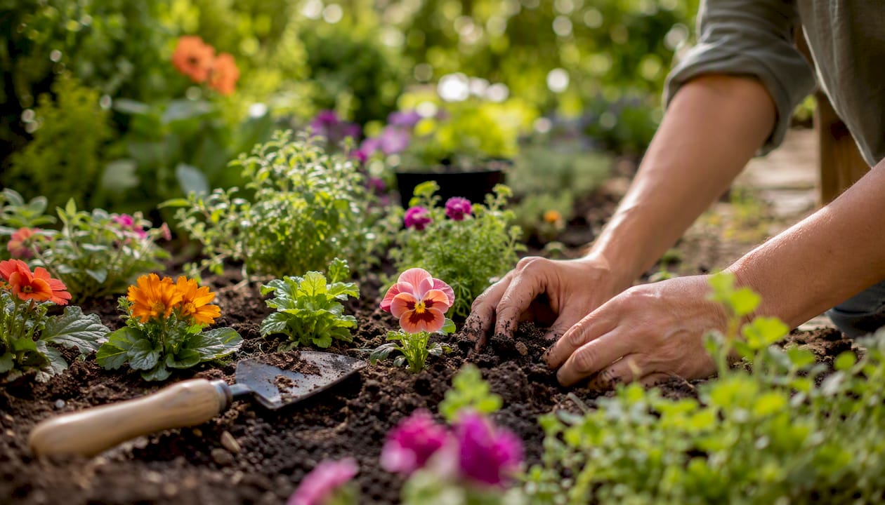 Hands gardening with flowers and soil