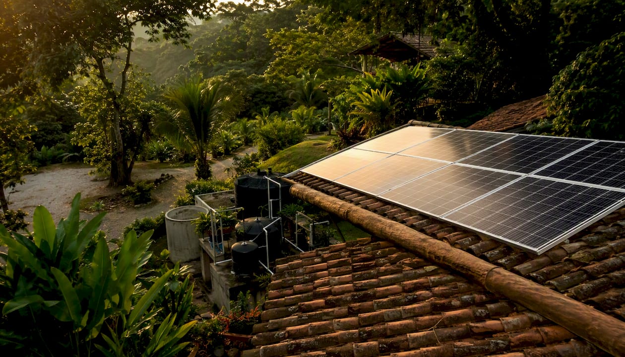 Examples of Sustainable Tourism You Can Try Right Now 2026 Lizard's Lunch Eco lodge solar panels and water recycling tanks