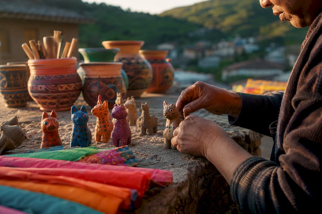 Hands carving wooden wildlife souvenirs