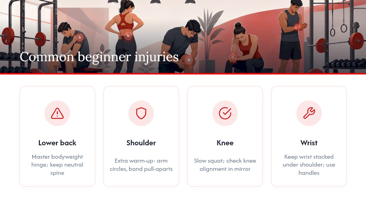 Strength Training for Beginners: Your First Month, Simplified 2026 Lizard's Lunch Diagram of common beginner injuries and prevention tips