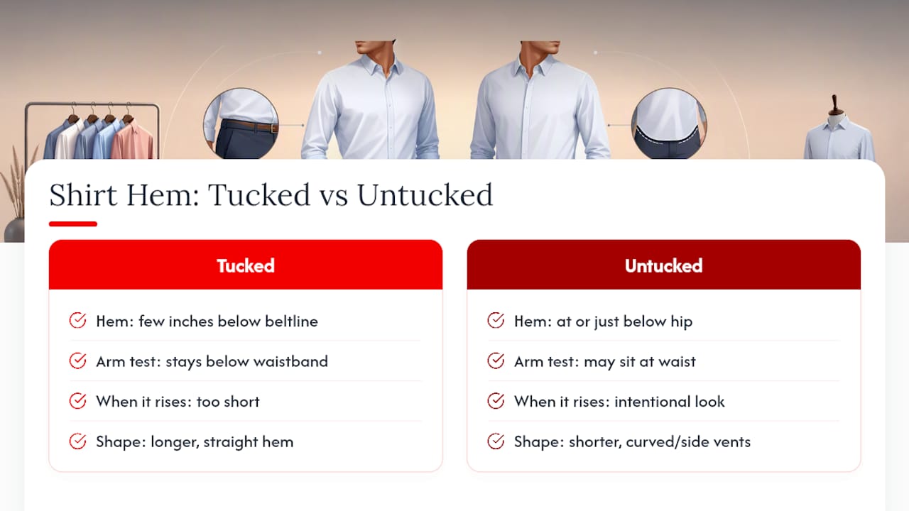 Measure First Dress Shirt Fit: Five Checks for Collar, Shoulders, Cuffs 2026 Lizard's Lunch Diagram comparing tucked and untucked shirt lengths
