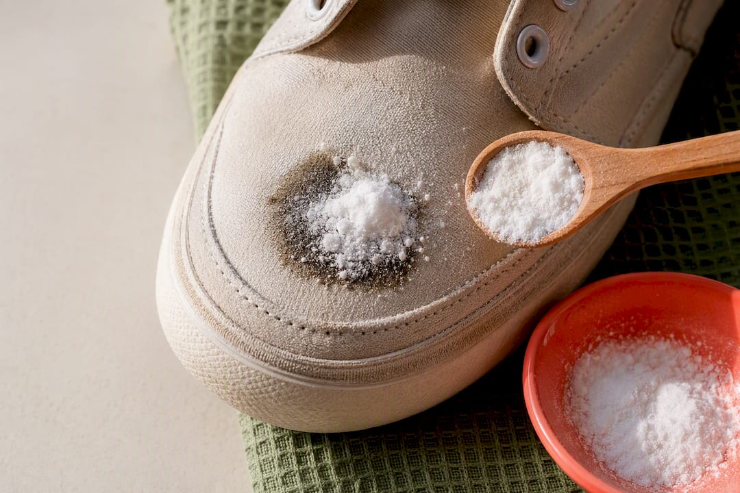 Save Your Sneakers: Material First Sneaker Cleaning with Dish Soap 2026 Lizard's Lunch Baking soda covering oil stain on sneaker