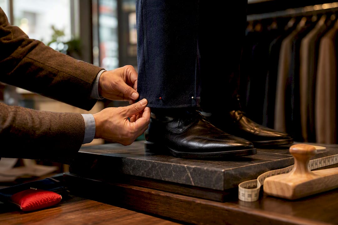 25 Piece Capsule Wardrobe for Canadian Men: 6–12 Month Build Plan 2026 Lizard's Lunch Tailor pinning trouser hem for adjustment