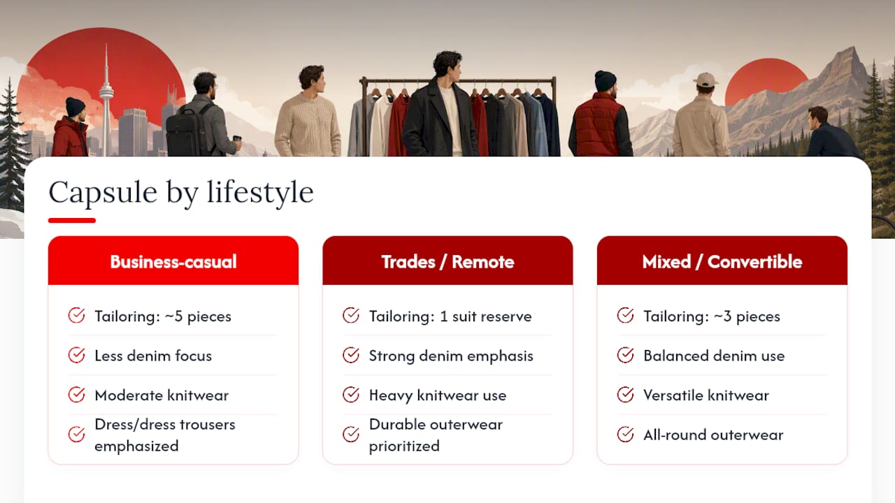 25 Piece Capsule Wardrobe for Canadian Men: 6–12 Month Build Plan 2026 Lizard's Lunch Capsule wardrobe proportions by lifestyle