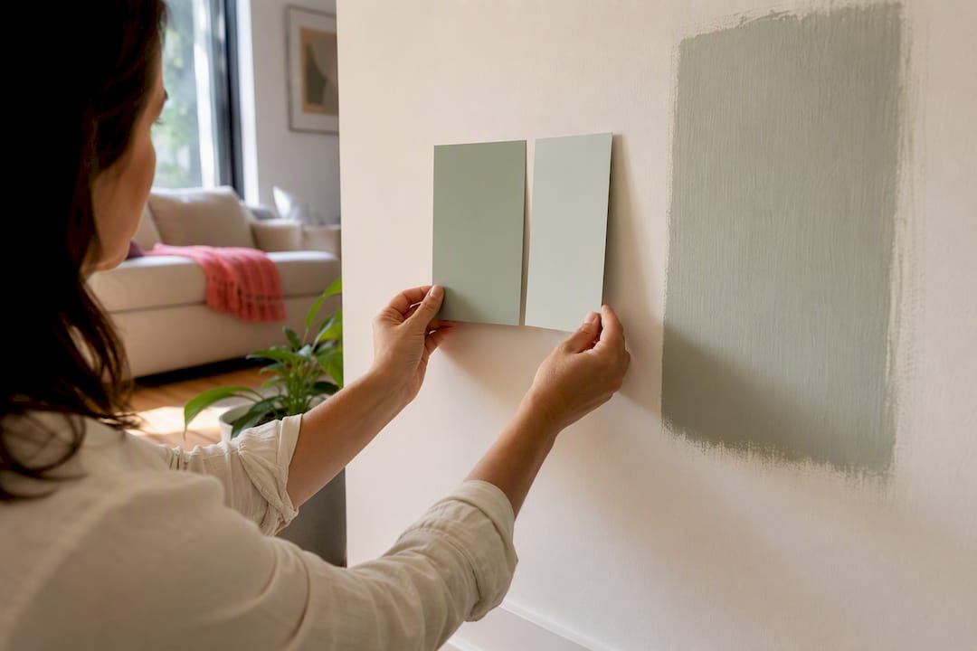 Weekend Room Prep First: Interior Painting for DIYers or Hire? 2026 Lizard's Lunch Hands comparing paint swatches on wall