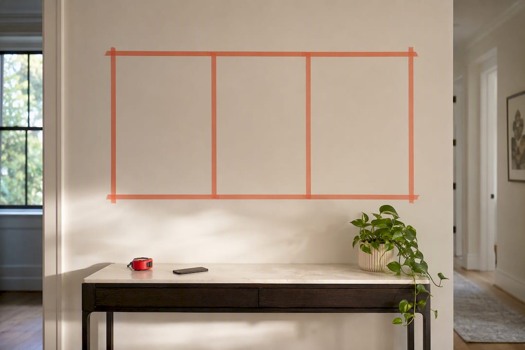 Painter tape mockup for wall art layout