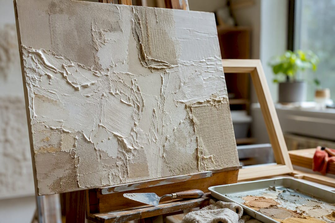Textured mixed-media canvas in artist studio