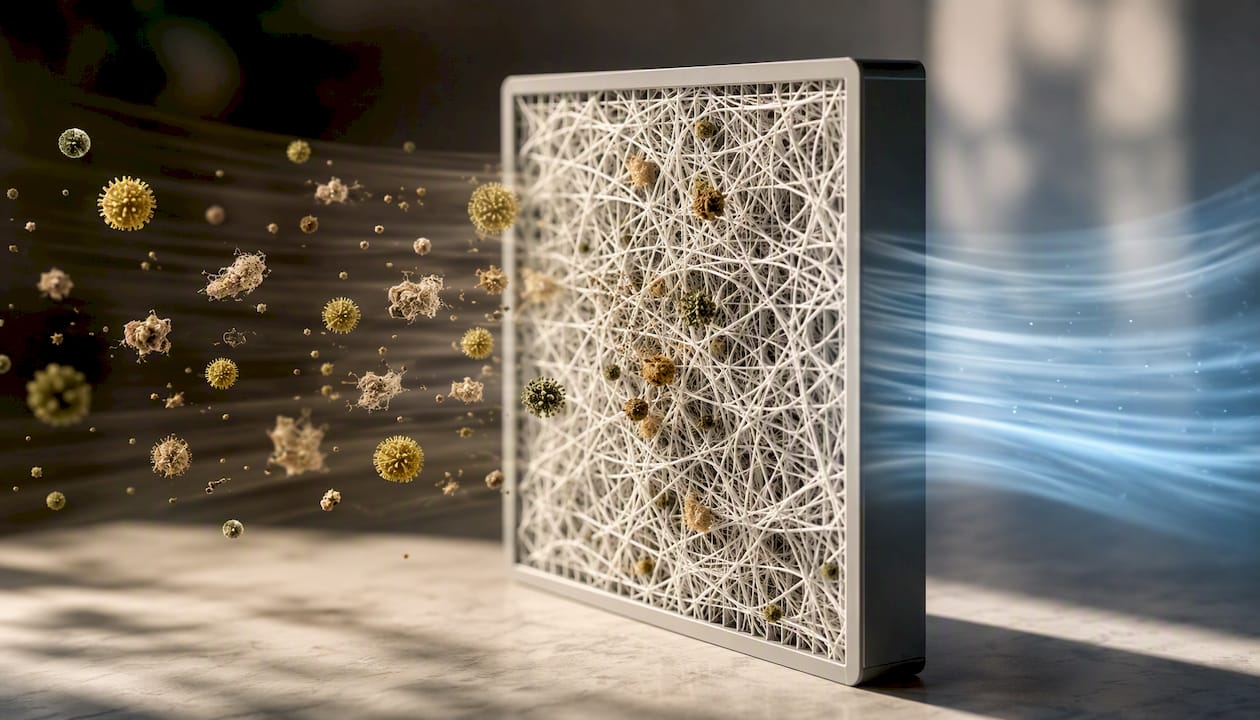 HEPA mesh trapping airborne allergen particles