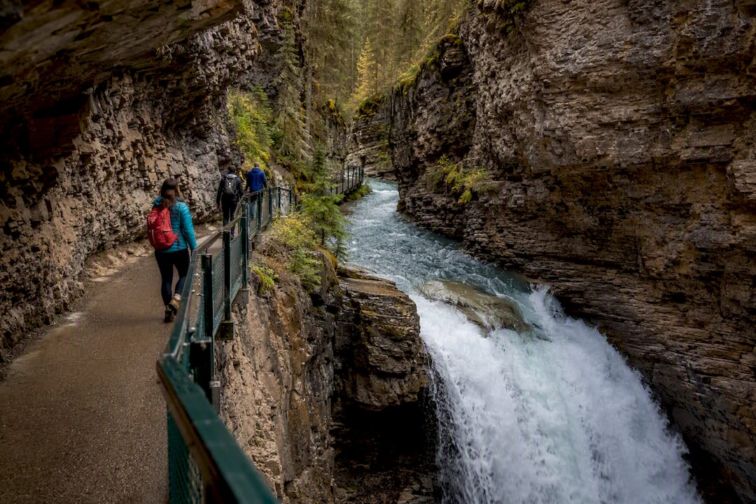 Lock Moraine Shuttle and Park Pass, See Banff in 3 Days for Canadians 2026 Lizard's Lunch Johnston Canyon Lower Falls beneath catwalk
