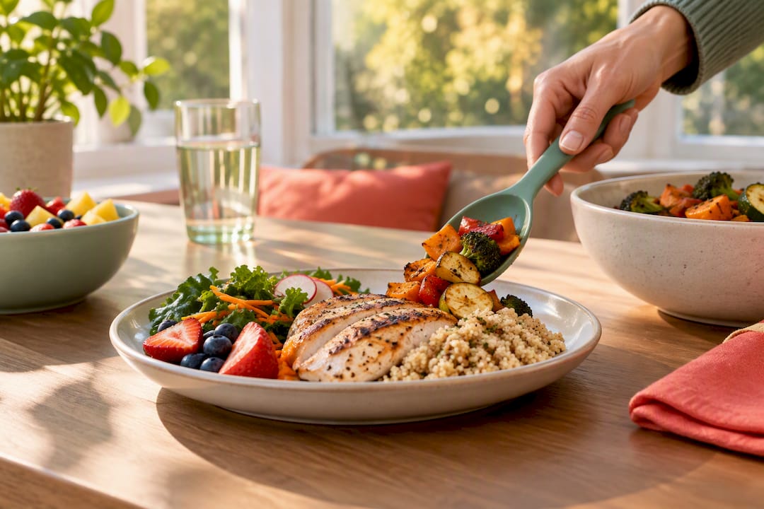 Test Macro Tracking for Weight Loss in Canada in 4–6 Weeks 2026 Lizard's Lunch Balanced plate with vegetables grains and protein