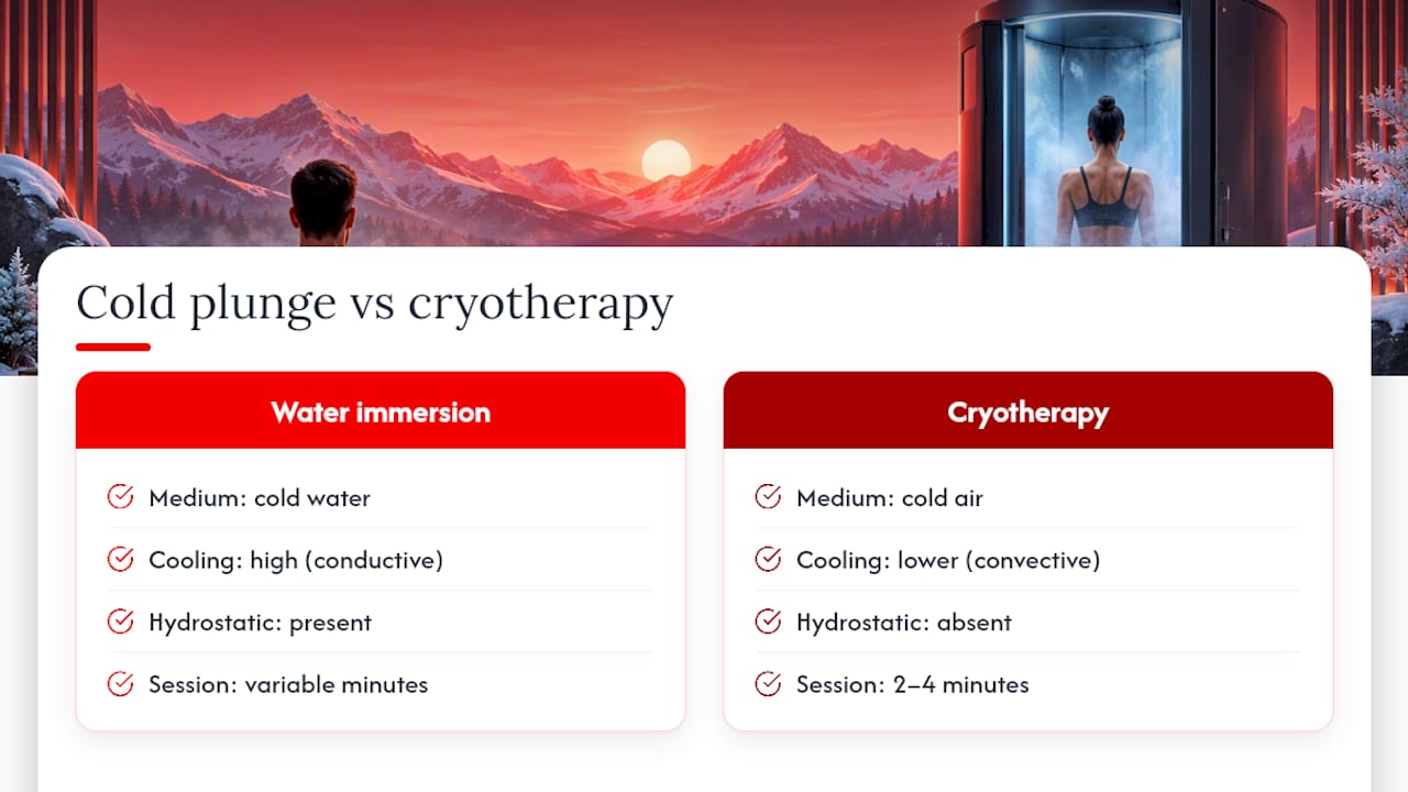 When Cold Plunge Benefits Appear: Immediate, 12 Hours, 24–96 Hours 2026 Lizard's Lunch Cold plunges versus ice baths and cryotherapy: what's actually different — overview diagram