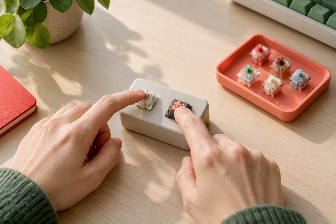 Hands comparing switches in tester block