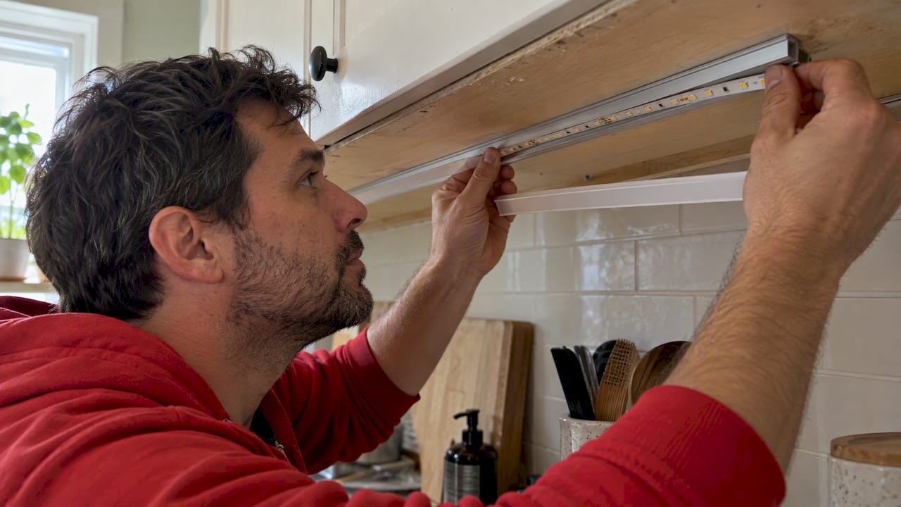 450–600 Lumens Under Cabinet Lighting: DIY Plans for Canadian Kitchens 2026 Lizard's Lunch LED strip seated in aluminum channel