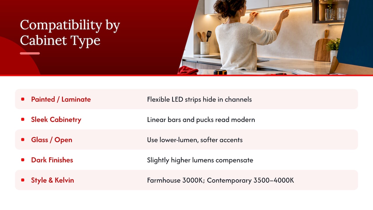 450–600 Lumens Under Cabinet Lighting: DIY Plans for Canadian Kitchens 2026 Lizard's Lunch Compatibility with kitchen design styles and cabinet materials — overview diagram