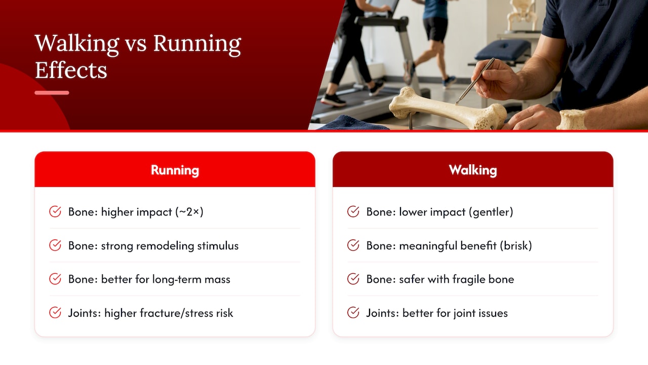 Walking vs Running: Canada’s 150 Minute Target and Injury Risks 2026 Lizard's Lunch Impact on bone density and muscular strength differences between walking and running — overview diagram
