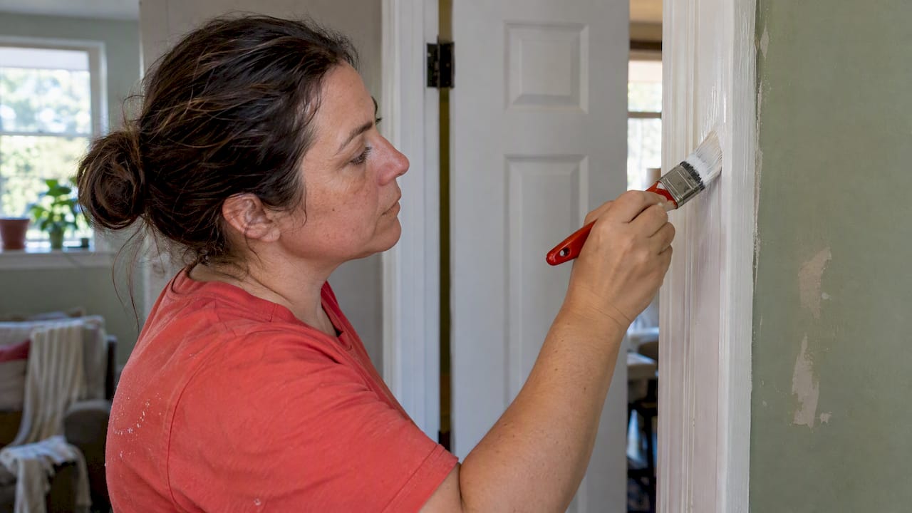 Test Swatches First: 5 Paint Finishes for Homeowners 2026 Lizard's Lunch Homeowner brushing semi-gloss onto door trim