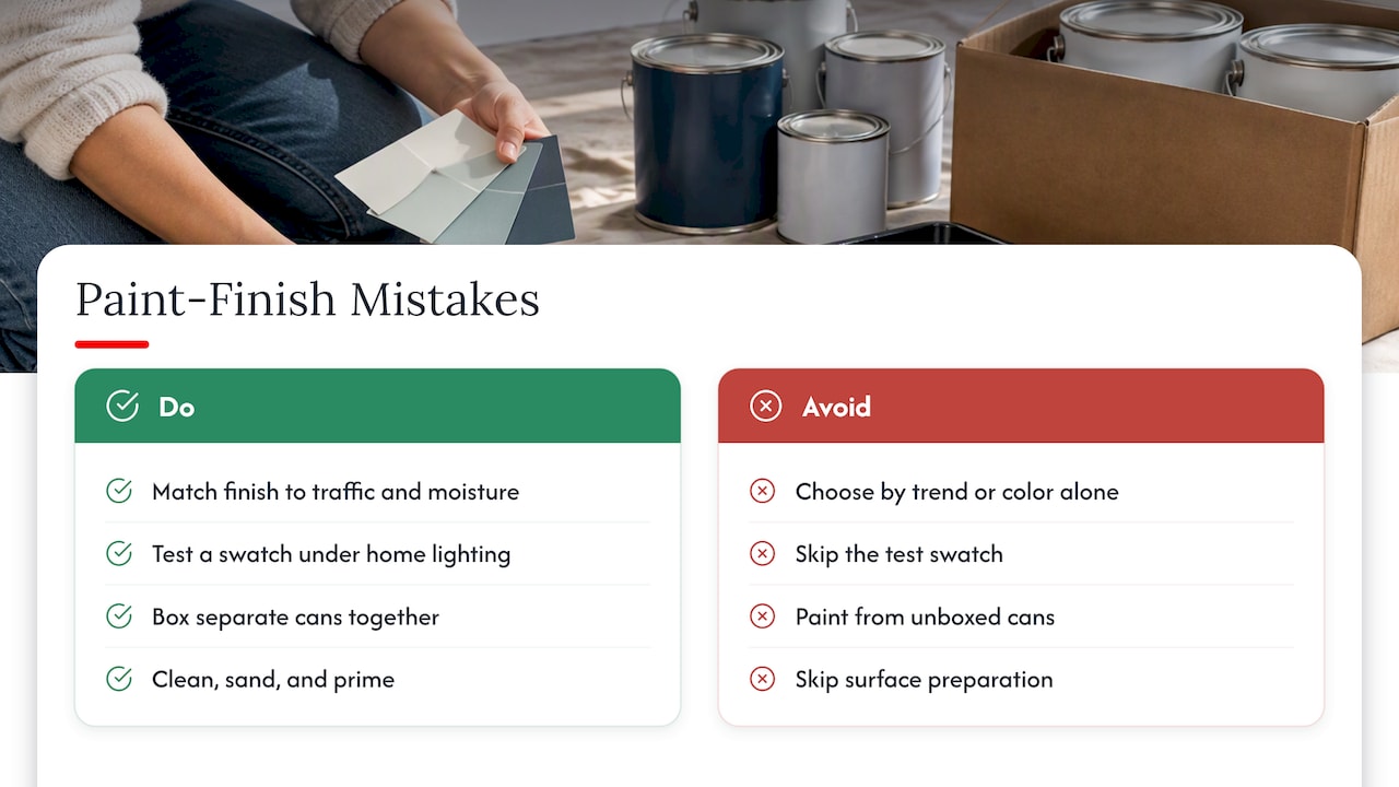 Test Swatches First: 5 Paint Finishes for Homeowners 2026 Lizard's Lunch 10. Common mistakes homeowners make with paint finishes — overview diagram